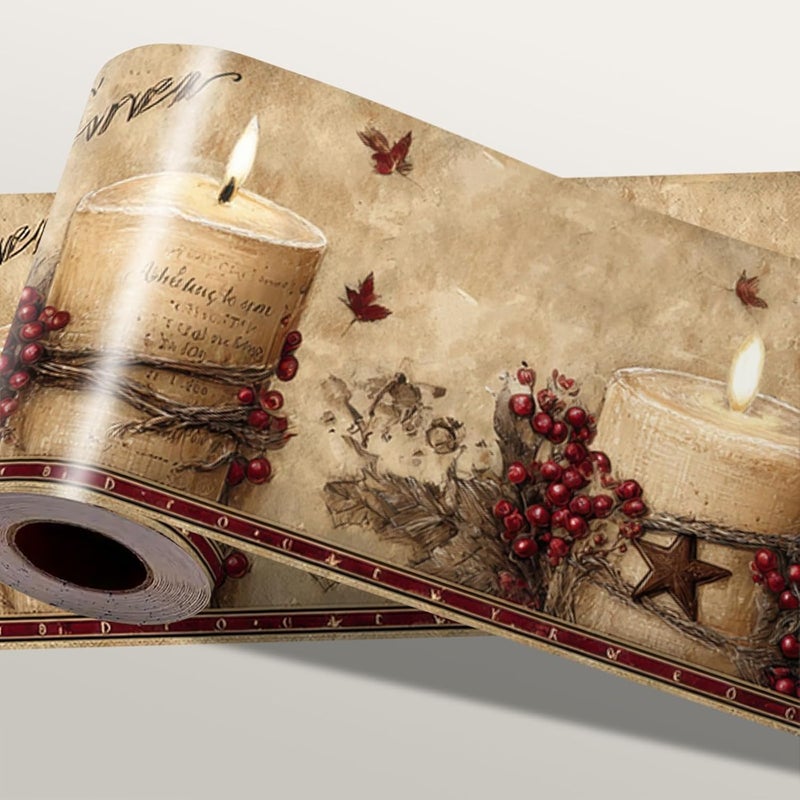 IOHEFY Rustic Farmhouse Wallpaper Border Peel and Stick 196x4 Inch Removable Wall Border Vintage Candle Floral Wall Trim for Kitchen Bathroom Living Room Country Home Decor - Image 1